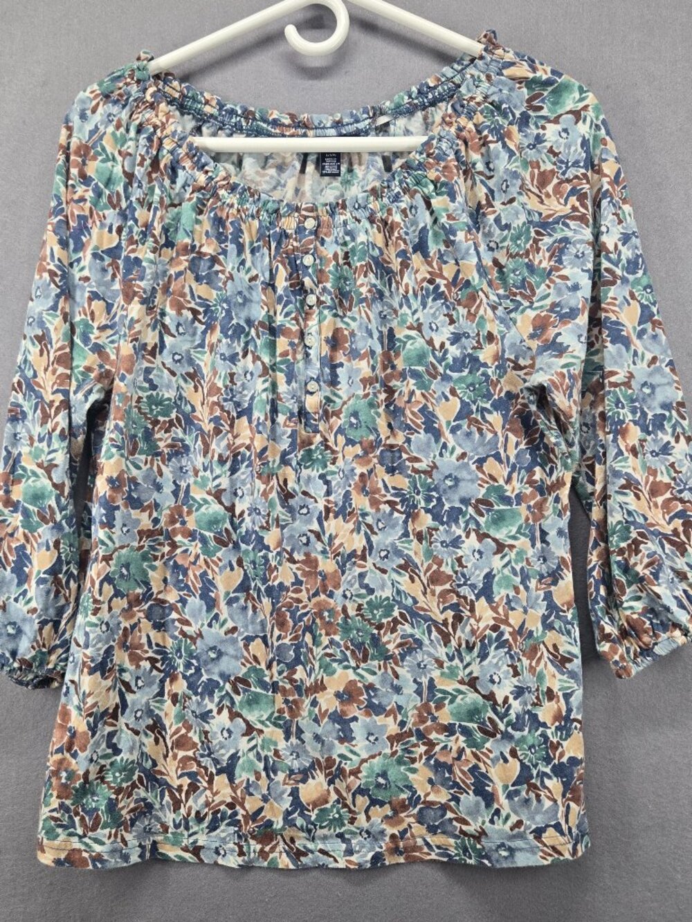 Chaps Women's 3/4 Sleeve Floral Blouse, Button Front, Blue/Brown/White, Lg